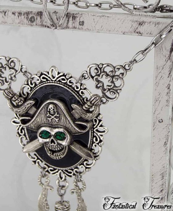 Unique pirate skull necklace Connector close up on Green Cameo Pirate Necklace