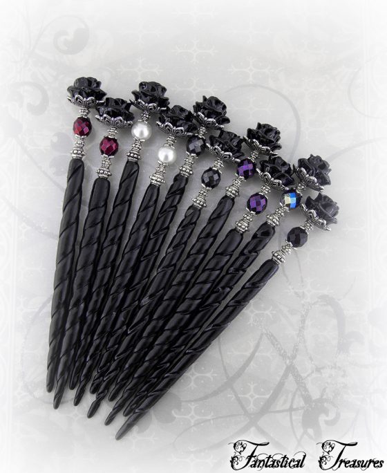 black rose hair sticks burgundy, white, gray, purple, jet ab