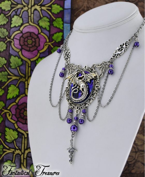 purple fantasy dragon necklace on bust