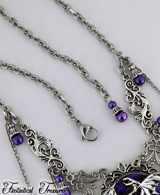 Purple fantasy dragon necklace taken close up of chain