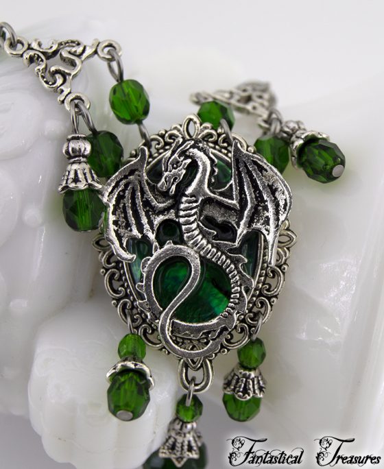 Green Cameo dragon necklace close up of cameo