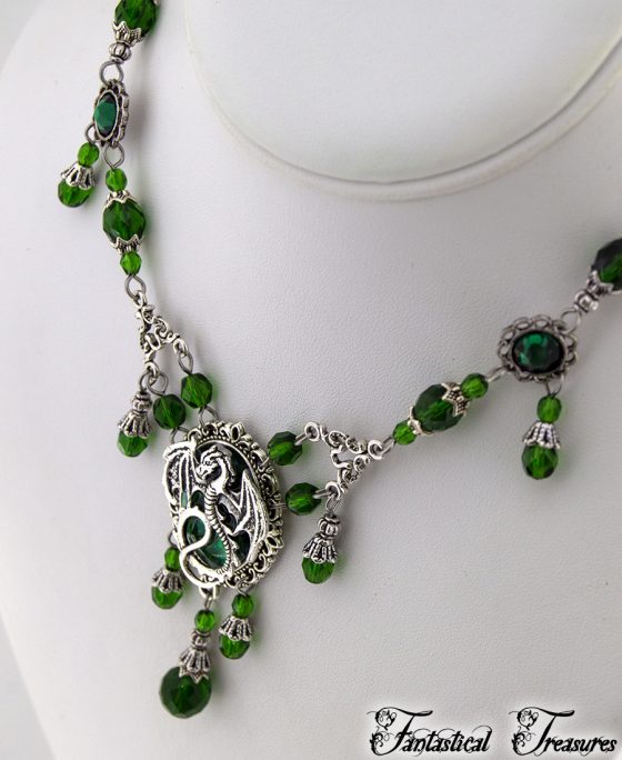 Green Cameo dragon necklace taken on bust above necklace